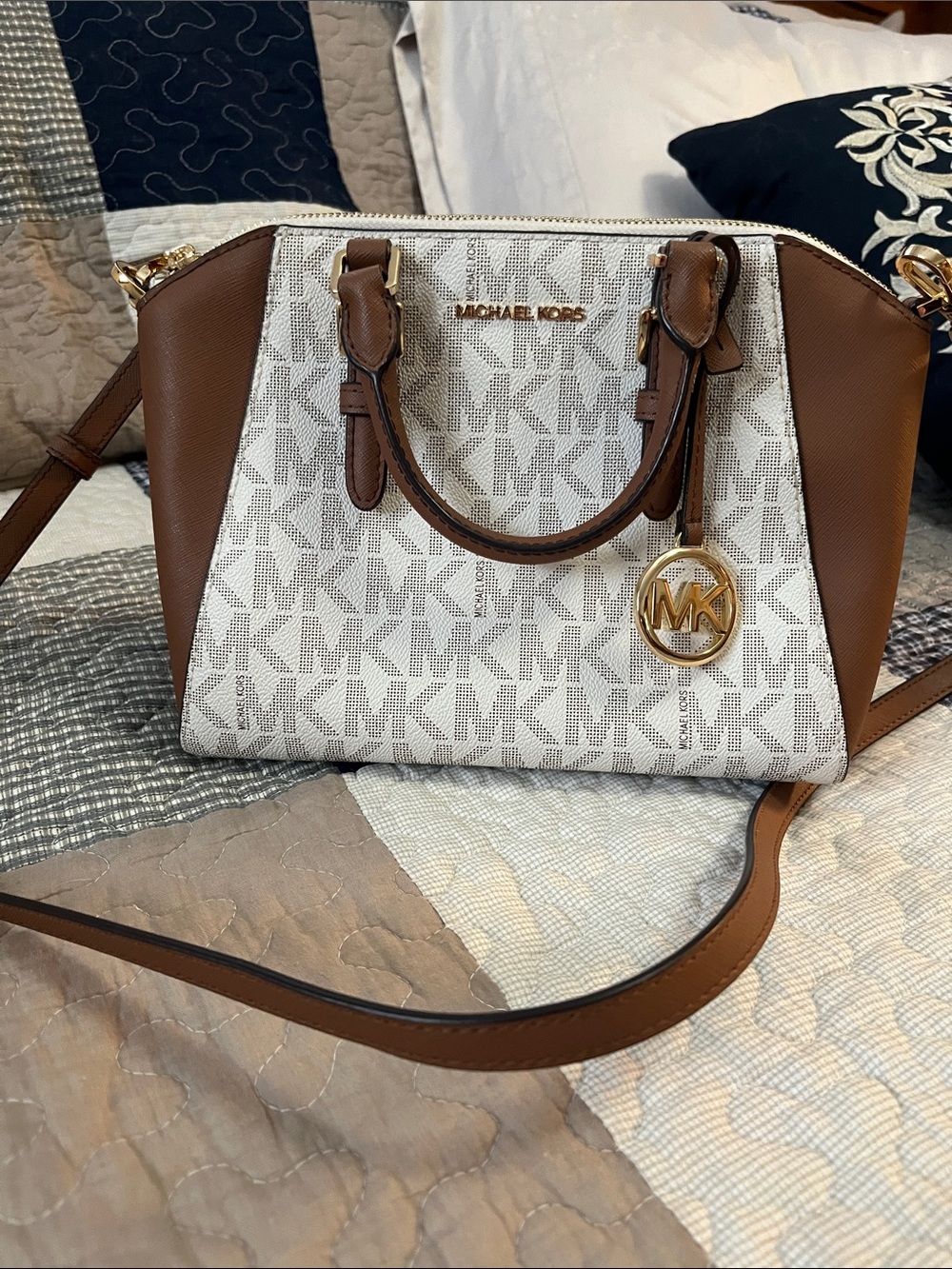 Michael Kors Vanilla and Brown Logo Satchel with Gold Hardware
